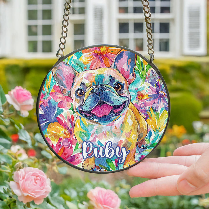 Cream Frenchie Stained Glass Suncatcher/ Custom Pet Name memorial for French bulldog Lovers/ Dog Mom Dad window Decor/ Personalized Dog gift
