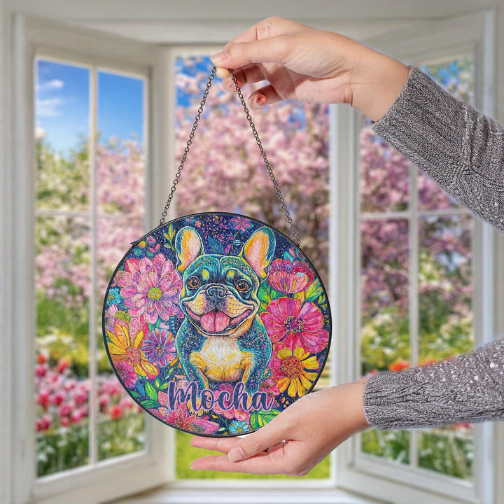 French Bulldog Stained Glass memorial Suncatcher/ Personalized Pet Name Gift for Frenchie dog Lovers/ home window Decor/ gift for her him