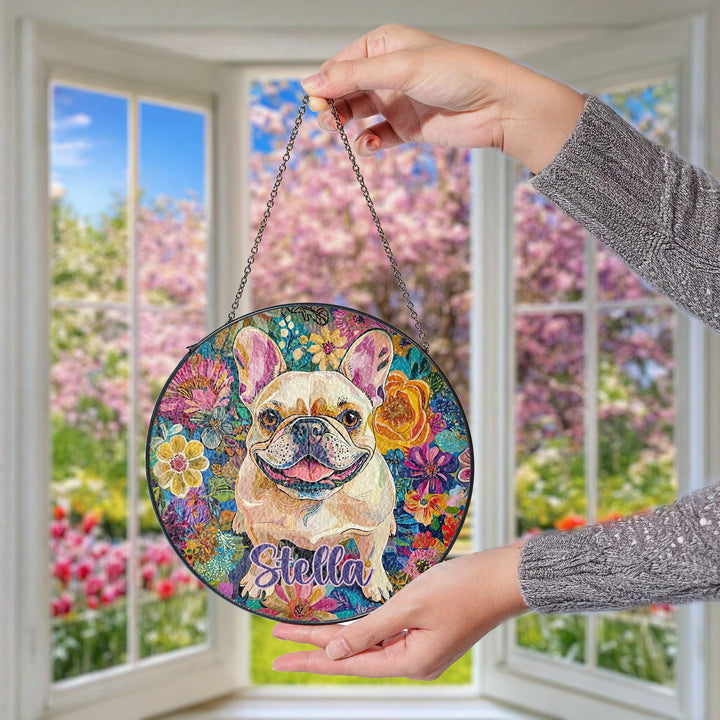 custom cream French bulldog Stained Glass Suncatcher/ Frenchie Dog Mom Dad lover gift window Decor/ Personalized memorial Dog Pet Name Gift