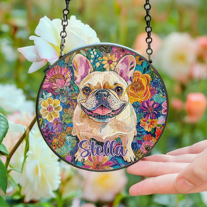 custom cream French bulldog Stained Glass Suncatcher/ Frenchie Dog Mom Dad lover gift window Decor/ Personalized memorial Dog Pet Name Gift