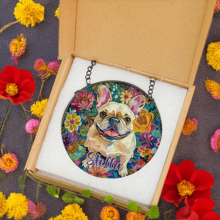 custom cream French bulldog Stained Glass Suncatcher/ Frenchie Dog Mom Dad lover gift window Decor/ Personalized memorial Dog Pet Name Gift