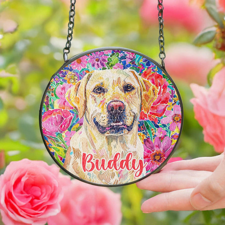 Yellow Labrador Retriever Stained Glass Suncatcher/ Personalized Pet Name memorial Gift for dog Lover/ custom window Decor/ gift for her him