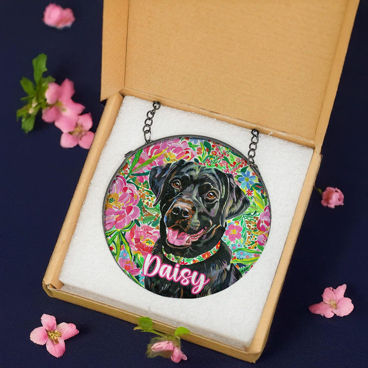 Black labrador retriever Stained Glass Suncatcher/ personalized Preppy floral window decor/ Custom Pet Name memorial gift for dog Lover Mom
