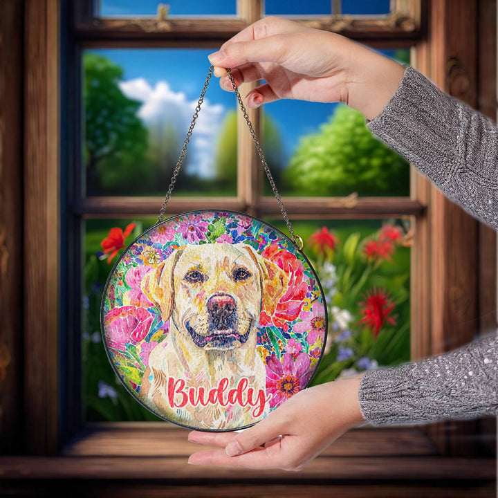 Yellow Labrador Retriever Stained Glass Suncatcher/ Personalized Pet Name memorial Gift for dog Lover/ custom window Decor/ gift for her him