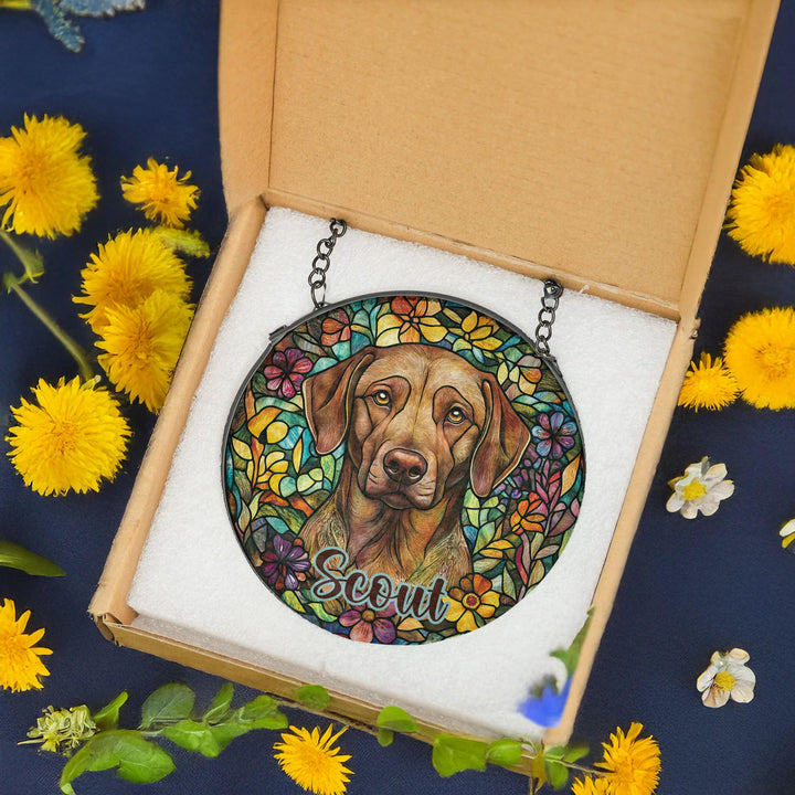 Chocolate labrador retriever Stained Glass Suncatcher/ Custom Pet Name memorial present/ Dog Mom Dad window Decor/ Personalized Dog gift