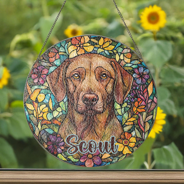 Chocolate labrador retriever Stained Glass Suncatcher/ Custom Pet Name memorial present/ Dog Mom Dad window Decor/ Personalized Dog gift