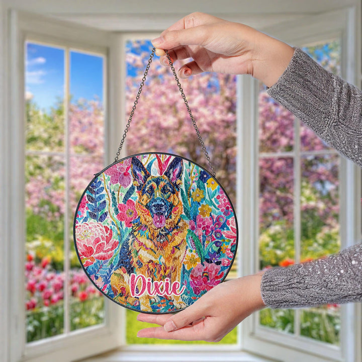 german shepherd Stained Glass Suncatcher/ Floral GSD window decor/ Personalized Pet Name memorial Gift/ custom gift for her him dog mom dad