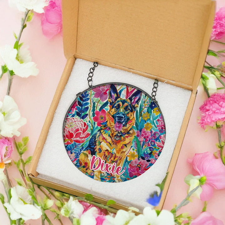 german shepherd Stained Glass Suncatcher/ Floral GSD window decor/ Personalized Pet Name memorial Gift/ custom gift for her him dog mom dad