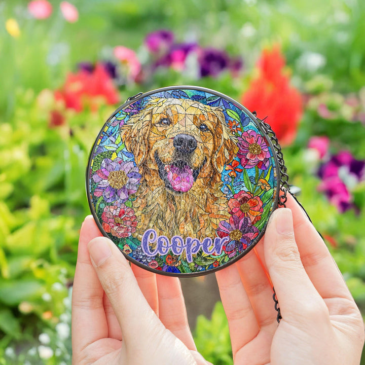 Custom golden retriever flower Stained Glass Suncatcher/ personalized Pet Name dog memorial Gift/ Dog Mom Dad lover floral window home Decor