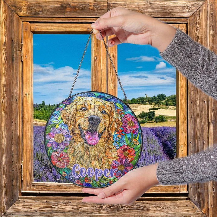 Custom golden retriever flower Stained Glass Suncatcher/ personalized Pet Name dog memorial Gift/ Dog Mom Dad lover floral window home Decor