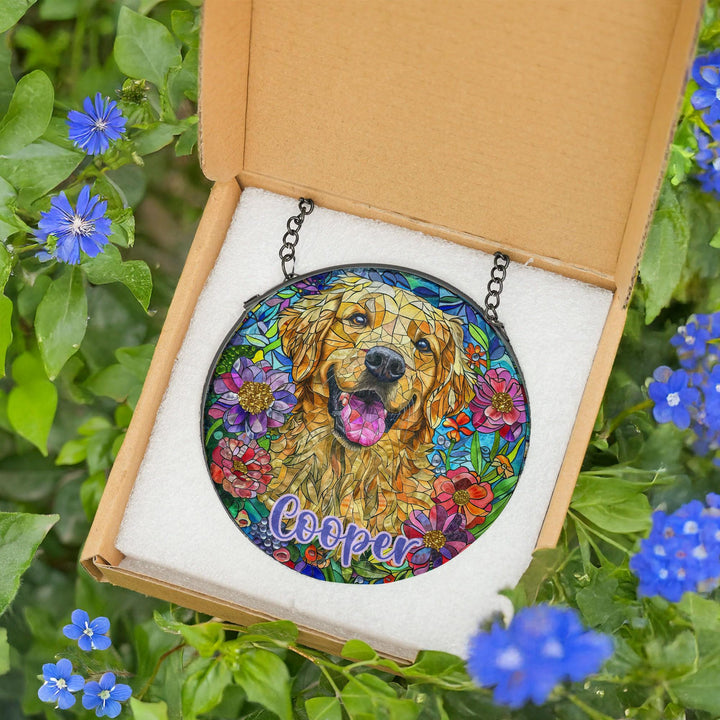 Custom golden retriever flower Stained Glass Suncatcher/ personalized Pet Name dog memorial Gift/ Dog Mom Dad lover floral window home Decor
