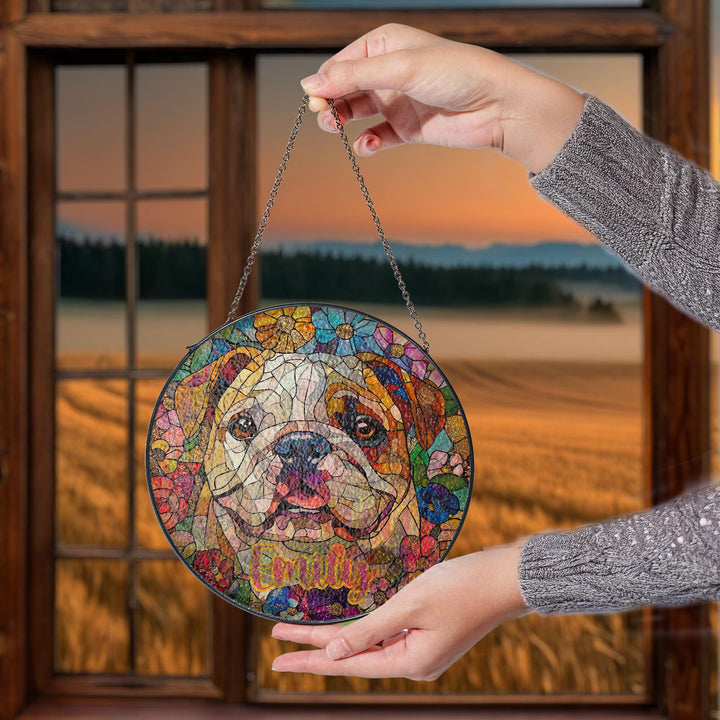 English Bulldog Stained Glass Suncatcher/ Personalized Dog gift/ Custom Pet Name present for Frenchie Lovers/ Dog Mom Dad home window Decor