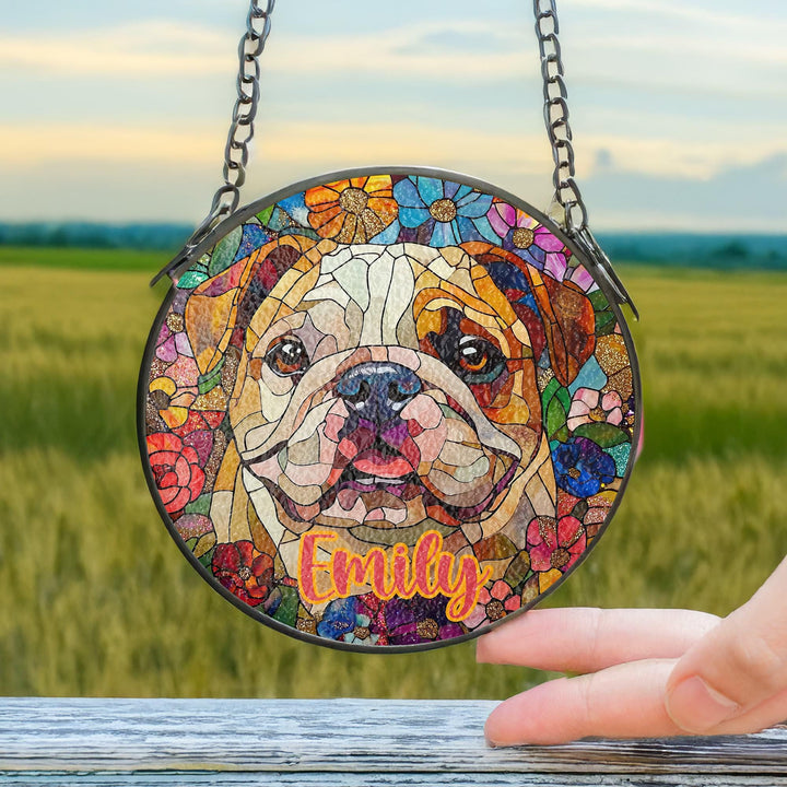 English Bulldog Stained Glass Suncatcher/ Personalized Dog gift/ Custom Pet Name present for Frenchie Lovers/ Dog Mom Dad home window Decor