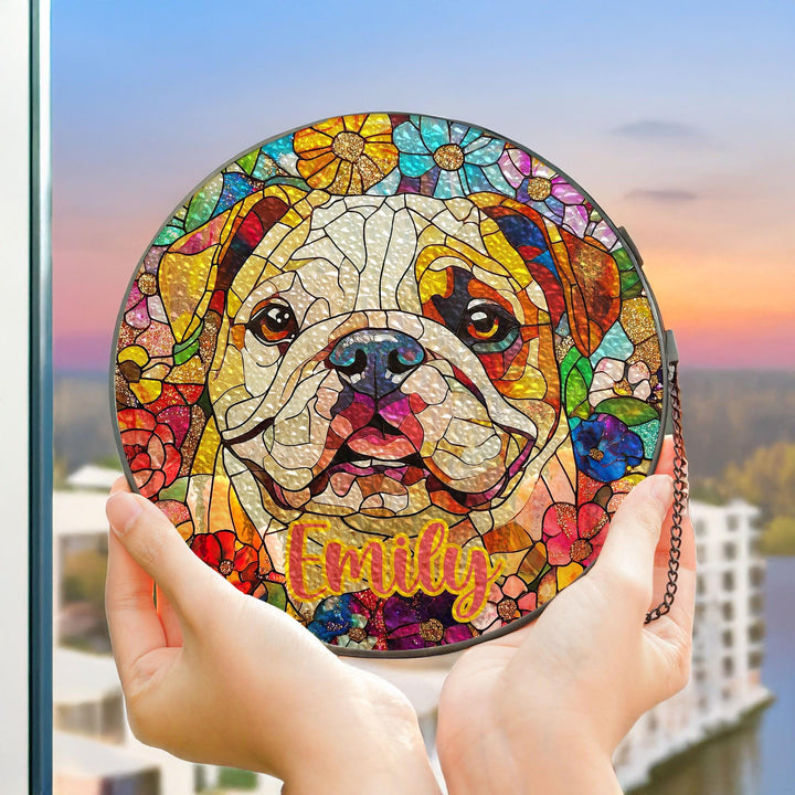 English Bulldog Stained Glass Suncatcher/ Personalized Dog gift/ Custom Pet Name present for Frenchie Lovers/ Dog Mom Dad home window Decor