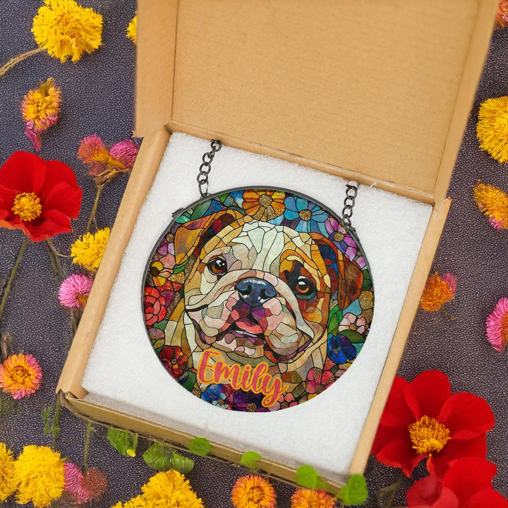 English Bulldog Stained Glass Suncatcher/ Personalized Dog gift/ Custom Pet Name present for Frenchie Lovers/ Dog Mom Dad home window Decor