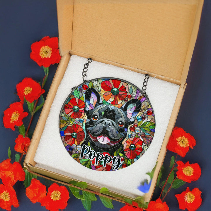 Black French Bulldog poppy Stained Glass Suncatcher/ Personalized Brindle Frenchie Dog window decor/ Custom Pet Name Gift for Dog Mom Dad