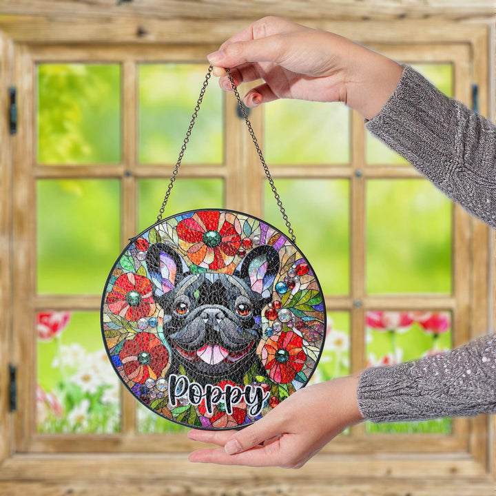 Black French Bulldog poppy Stained Glass Suncatcher/ Personalized Brindle Frenchie Dog window decor/ Custom Pet Name Gift for Dog Mom Dad