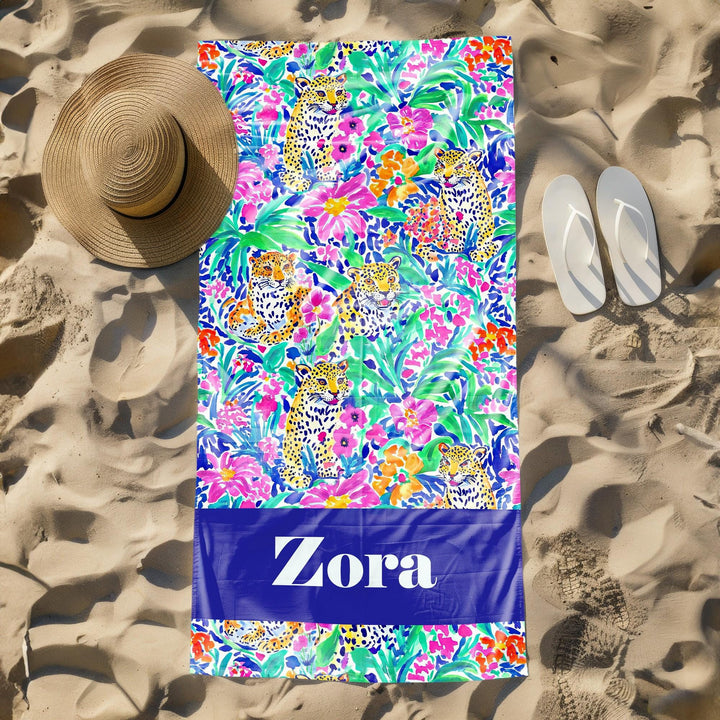 Tropical sailorboat nautical Preppy Beach Towel/ Coastal Style/ Yacht Club Vibe Personalized Name Gift/ Summer Bachelorette Trip Must-Have