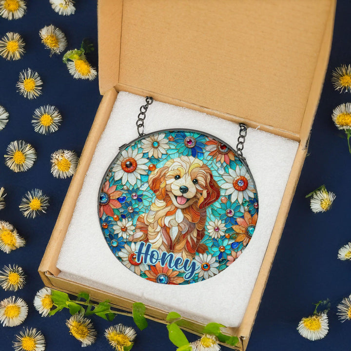 golden doodle bichon cocka poodle dog Suncatcher decor/ Custom Pet Name stained glass memorial Gift/ Dog Mom Dad daisy home window Decor
