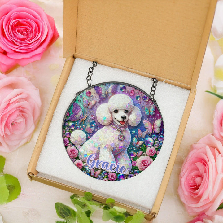 white poodle dog Floral Stained Glass Suncatcher/ Custom Pet Name memorial for dog owner/ Dog Mom Dad window Decor/ Personalized Dog gift