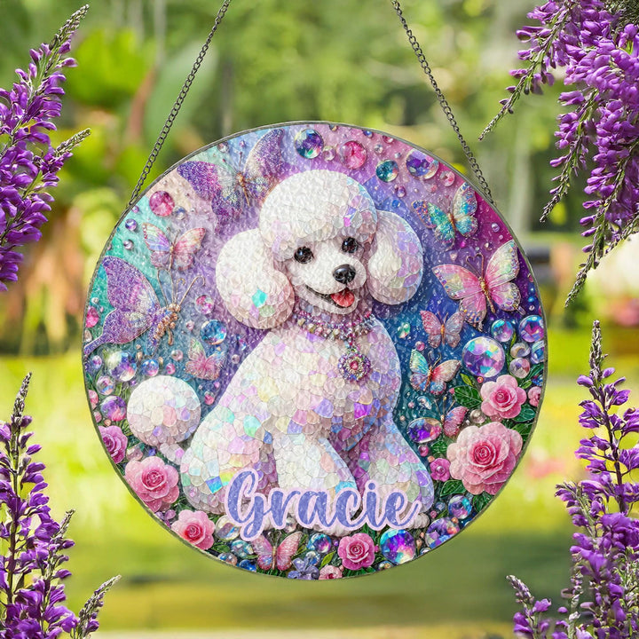 white poodle dog Floral Stained Glass Suncatcher/ Custom Pet Name memorial for dog owner/ Dog Mom Dad window Decor/ Personalized Dog gift