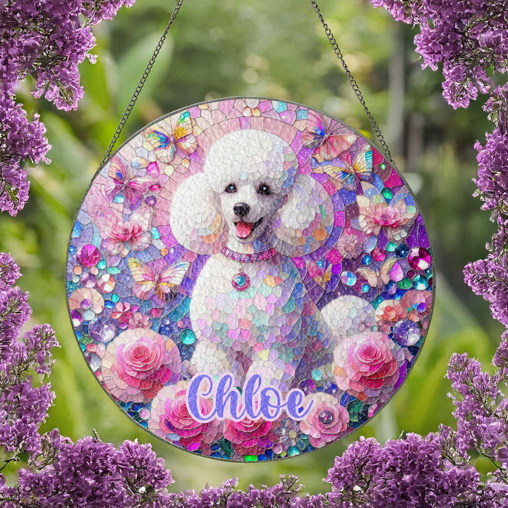 white poodle doodle maltese floral Stained Glass Suncatcher/ Custom Pet Name memorial present/ Personalized Dog gift Dog Mom window Decor