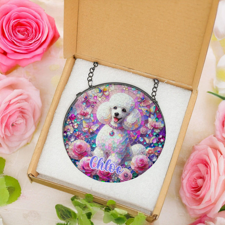 white poodle doodle maltese floral Stained Glass Suncatcher/ Custom Pet Name memorial present/ Personalized Dog gift Dog Mom window Decor