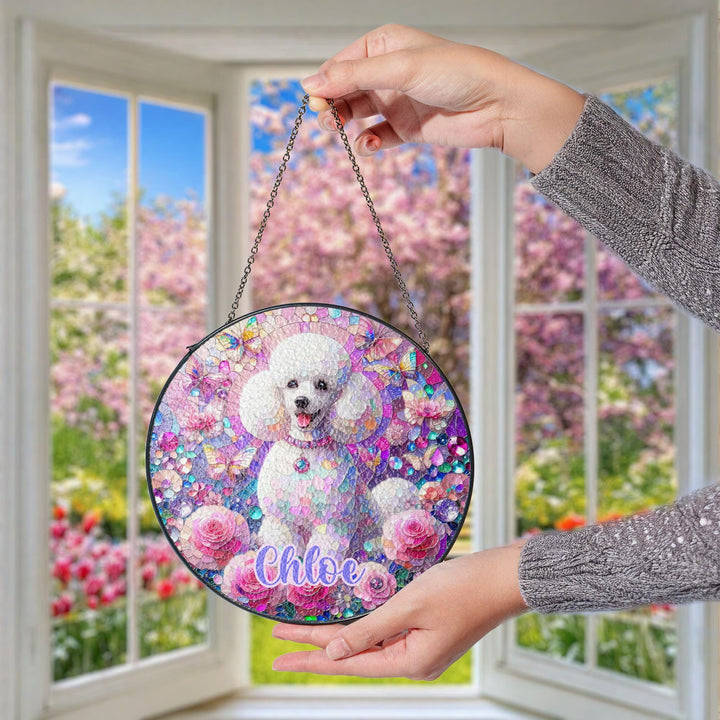 white poodle doodle maltese floral Stained Glass Suncatcher/ Custom Pet Name memorial present/ Personalized Dog gift Dog Mom window Decor