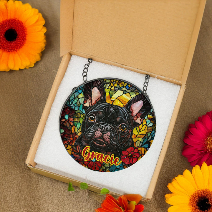 Black French Bulldog floral Stained Glass Suncatcher/ Personalized Brindle Frenchie Dog window decor/ Custom Pet Name Gift for Dog Mom Dad