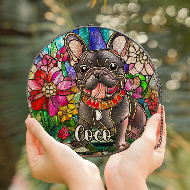 French Bulldog Stained Glass Suncatcher/ Personalized Dog Print/ Custom memorial Pet Name Gift for Frenchie Lovers/ Dog Mom Dad window Decor