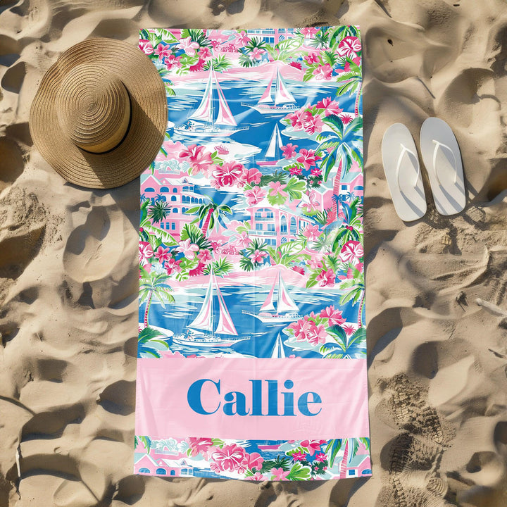 Tropical sailorboat nautical Preppy Beach Towel/ Coastal Style/ Yacht Club Vibe Personalized Name Gift/ Summer Bachelorette Trip Must-Have