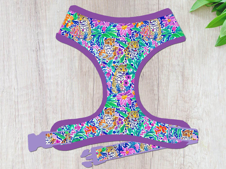 Preppy leopard floral dog harness vest/ tropical flower jungle dog harness/ beach summer cheetah dog harness/ custom girl puppy harness