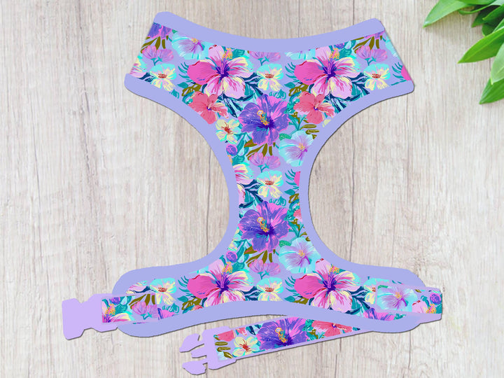 Preppy hibiscus floral dog harness vest/ tropical flower dog harness/ summer spring beach fabric dog harness/ pet accessories gift for dog