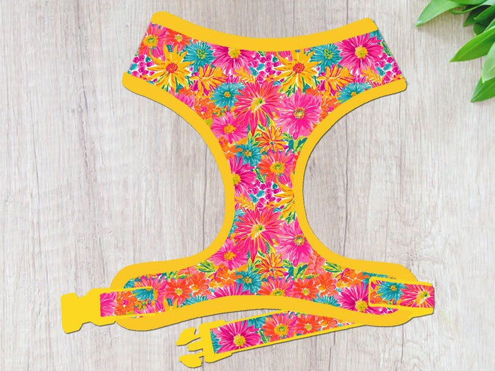 Preppy Dahlia flower dog harness vest/ Tropical daisy floral dog harness/ summer beach harness