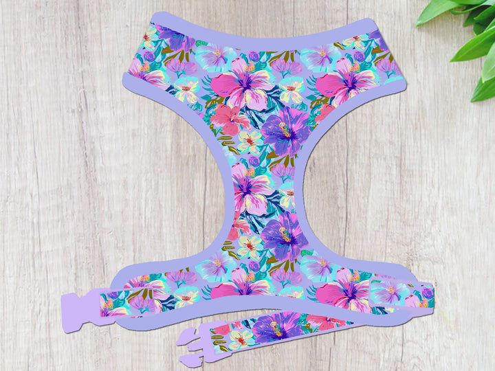 Preppy hibiscus floral dog harness vest/ tropical flower dog harness/ summer spring beach fabric dog harness/ pet accessories gift for dog