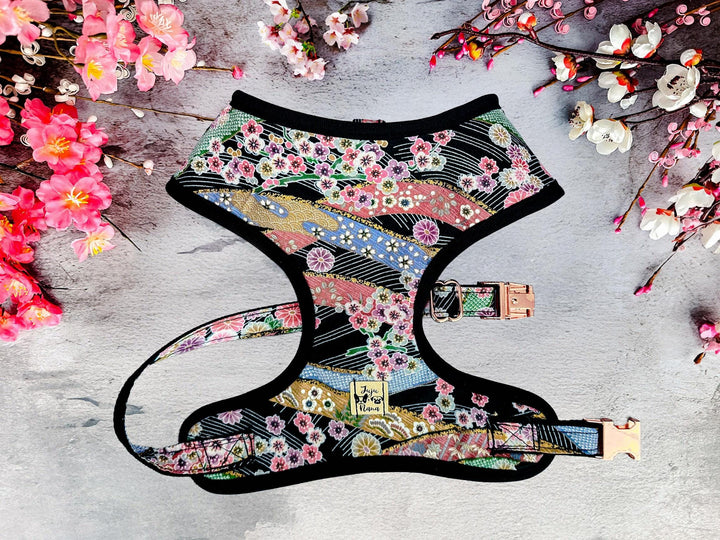Japanese Kimono Dog harness - black stripe and cherry blossom