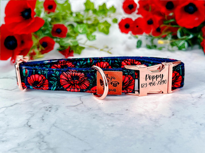 Poppy Floral Personalized dog collar/ vintage flower Engraving Buckle Dog Collar/ custom boho female dpg collar/ large small puppy collar