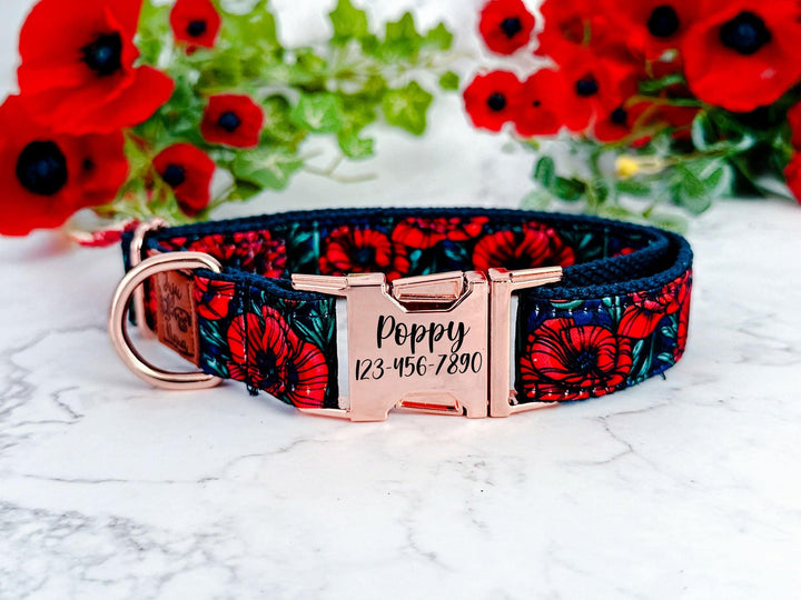 Poppy Floral Personalized dog collar/ vintage flower Engraving Buckle Dog Collar/ custom boho female dpg collar/ large small puppy collar