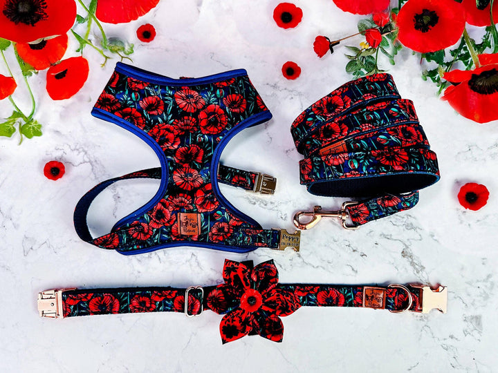 Girl Floral dog harness leash set/ purple rose flower dog harness vest/ female mum poppy dog harness and lead/ boho soft fabric harness