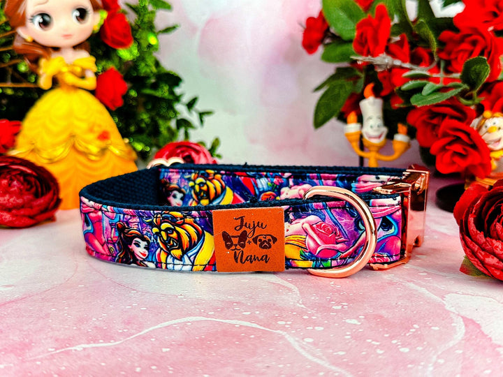 beauty and beast dog collar/ princess belle dog collar/ vintage rose floral girl dog collar/ character cartoon pet collar accessory gift
