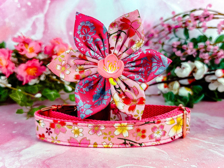 Japanese Kimono Dog collar with flower - glitter sakura - pink