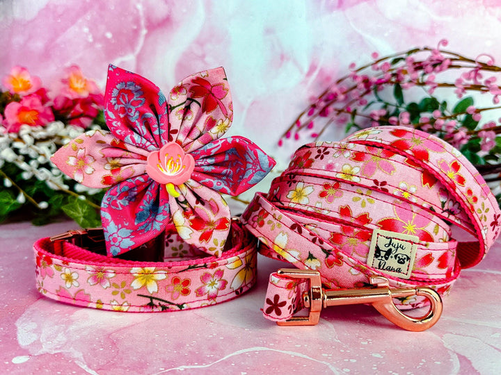 Japanese Kimono Dog collar with flower - glitter sakura - pink