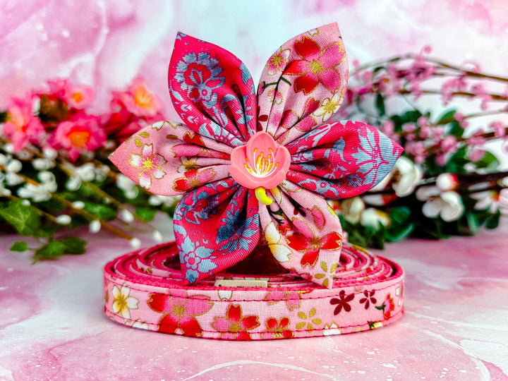 Japanese Kimono Dog collar with flower - glitter sakura - pink