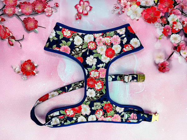 Japanese Kimono Dog harness - Navy Blue Sakura flowers