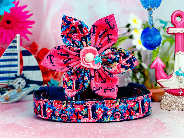 Preppy Nautical anchor dog collar with flower/ navy tropical beach dog collar/ vacation ocean floral dog collar/ summer custom pet accessory