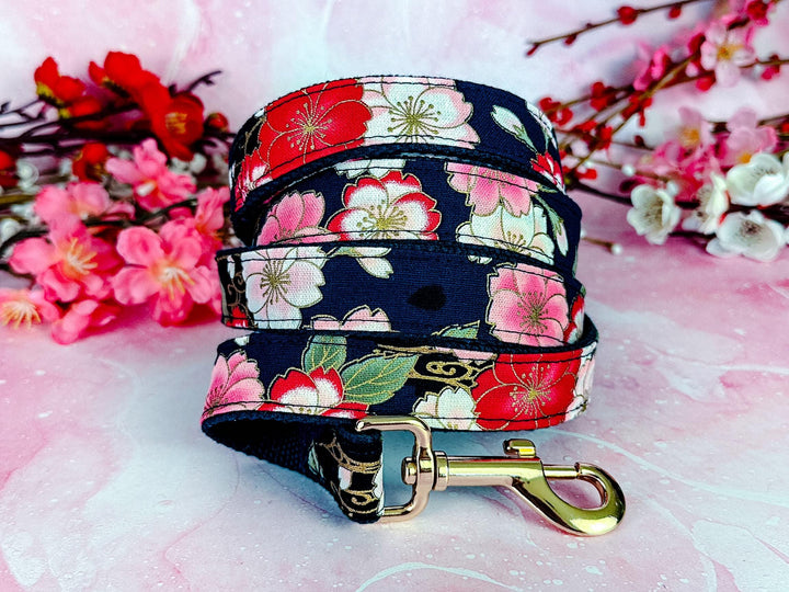 Navy japanese kimono floral dog collar least set/ female small collar and lead/ puppy large dog collar