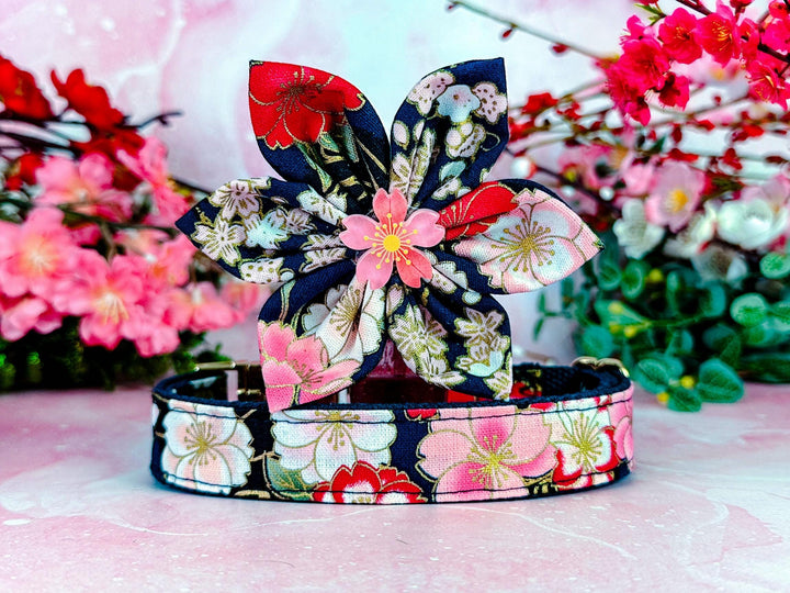 Navy japanese kimono floral dog collar least set/ female small collar and lead/ puppy large dog collar