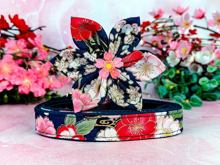 Navy japanese kimono floral dog collar least set/ female small collar and lead/ puppy large dog collar
