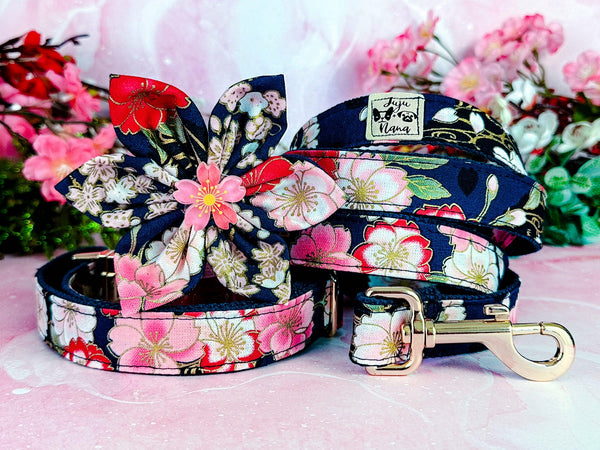 Navy japanese kimono floral dog collar least set/ female small collar and lead/ puppy large dog collar