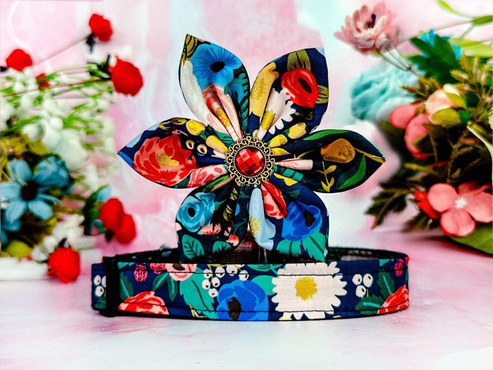 Rifle paper co dog collar with flower - Vintage Blossom in Blue Metallic -- Vintage Garden